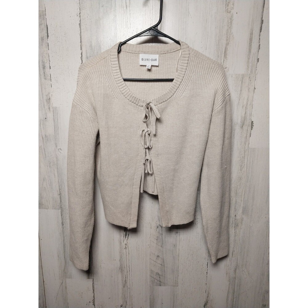 Olive + Oak Tie Front Cropped Ribbed Cardigan Medium Beige